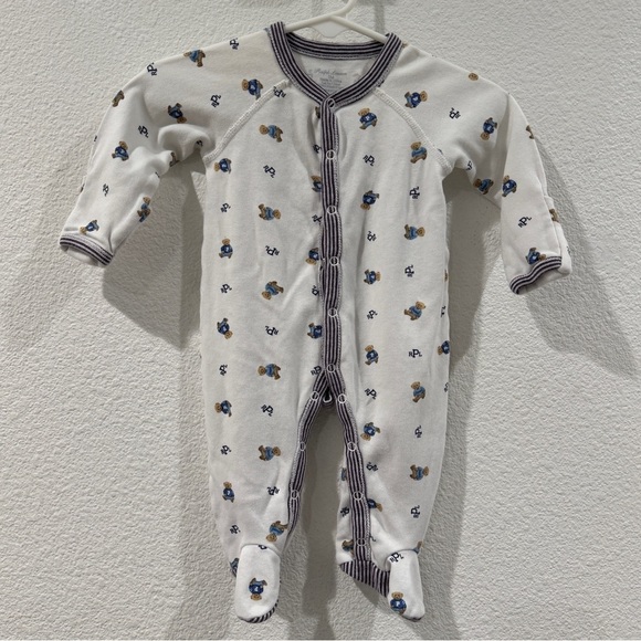 Ralph Lauren Polo Bear Cotton Footed White Striped Logo Coverall Size 3 Months - Picture 1 of 15